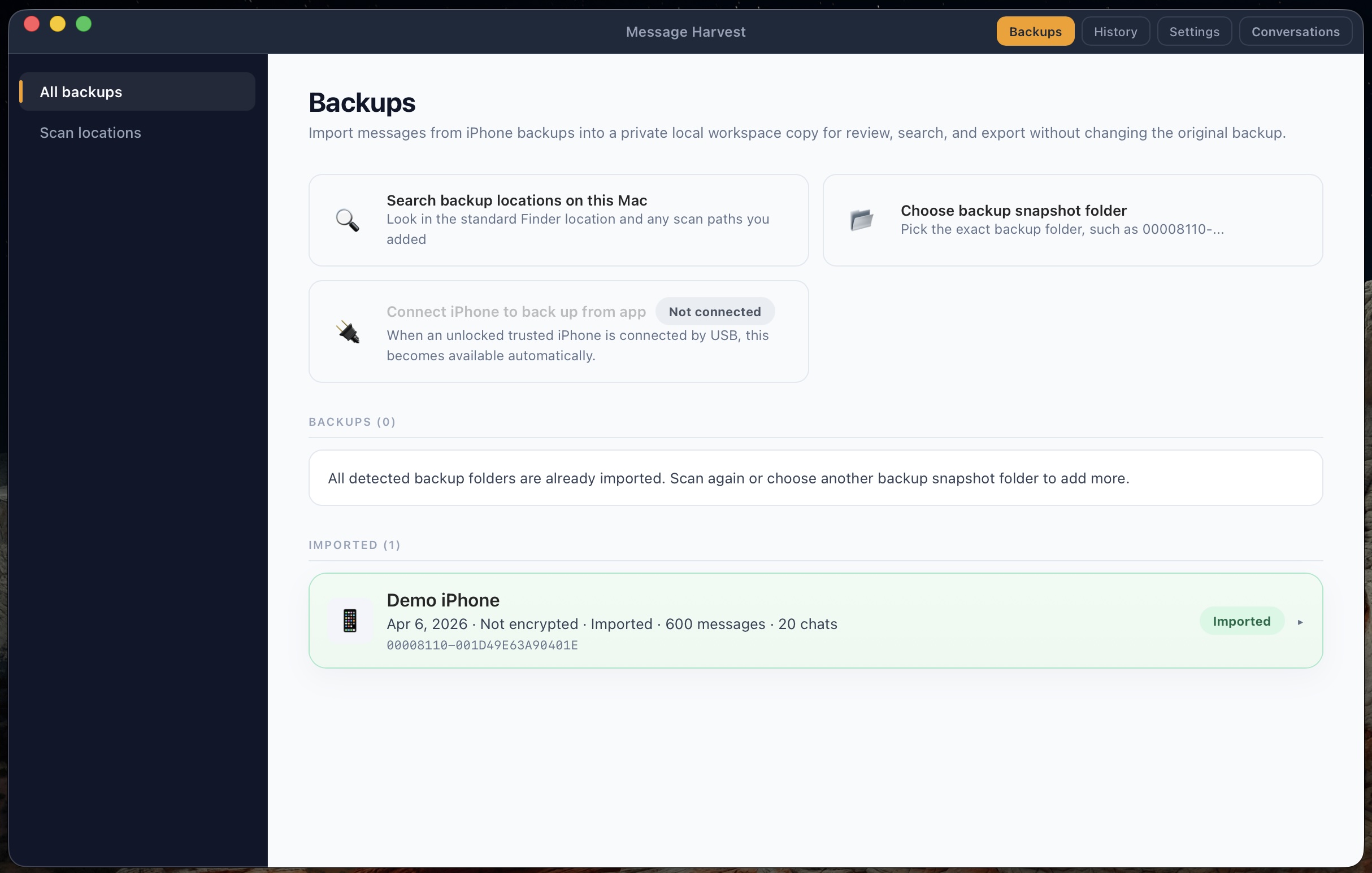 Creating or selecting a local iPhone backup in MessageHarvest