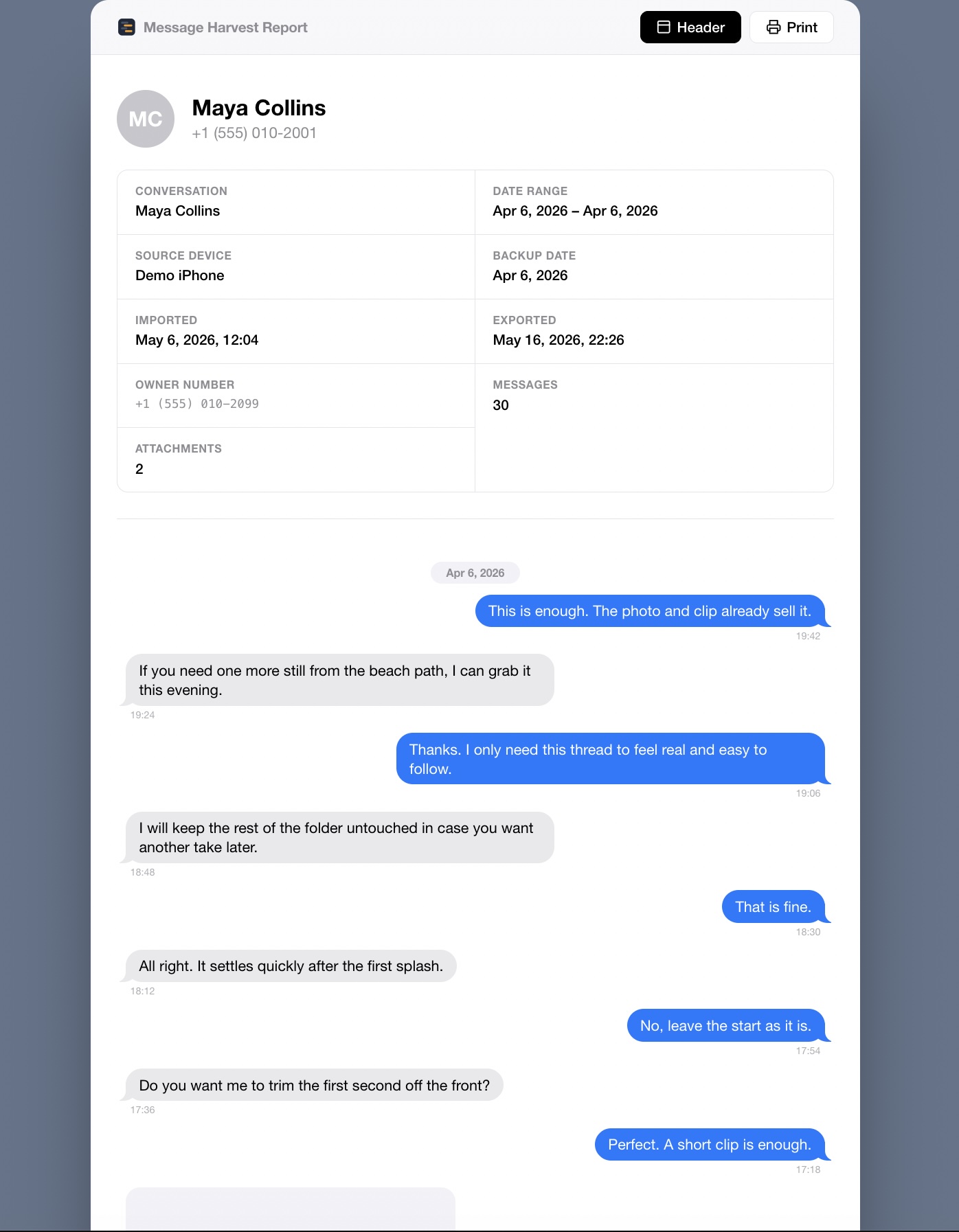Sample HTML archive of iPhone message history