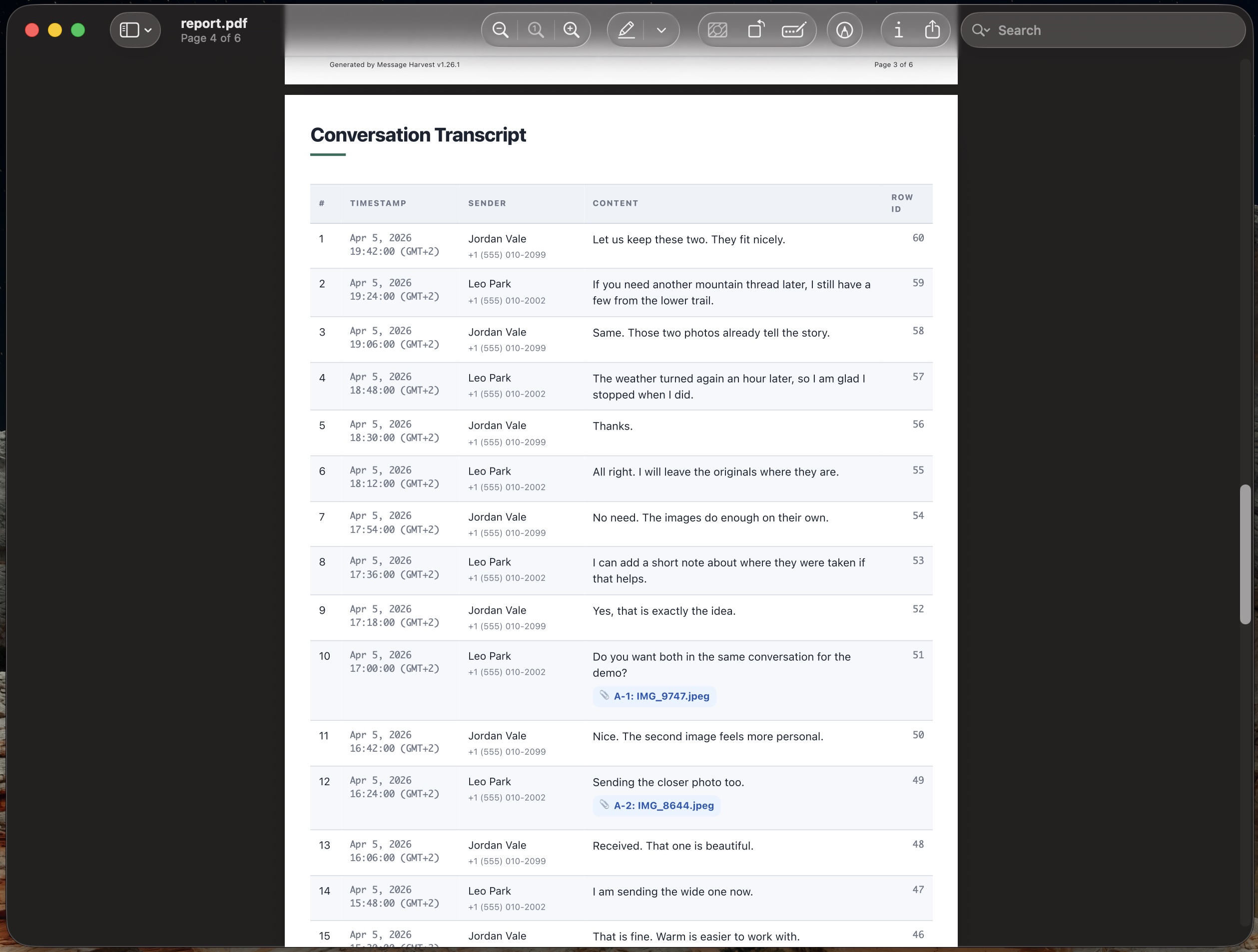 MessageHarvest PDF report preview with conversation metadata, formal transcript pages, and attachment inventory