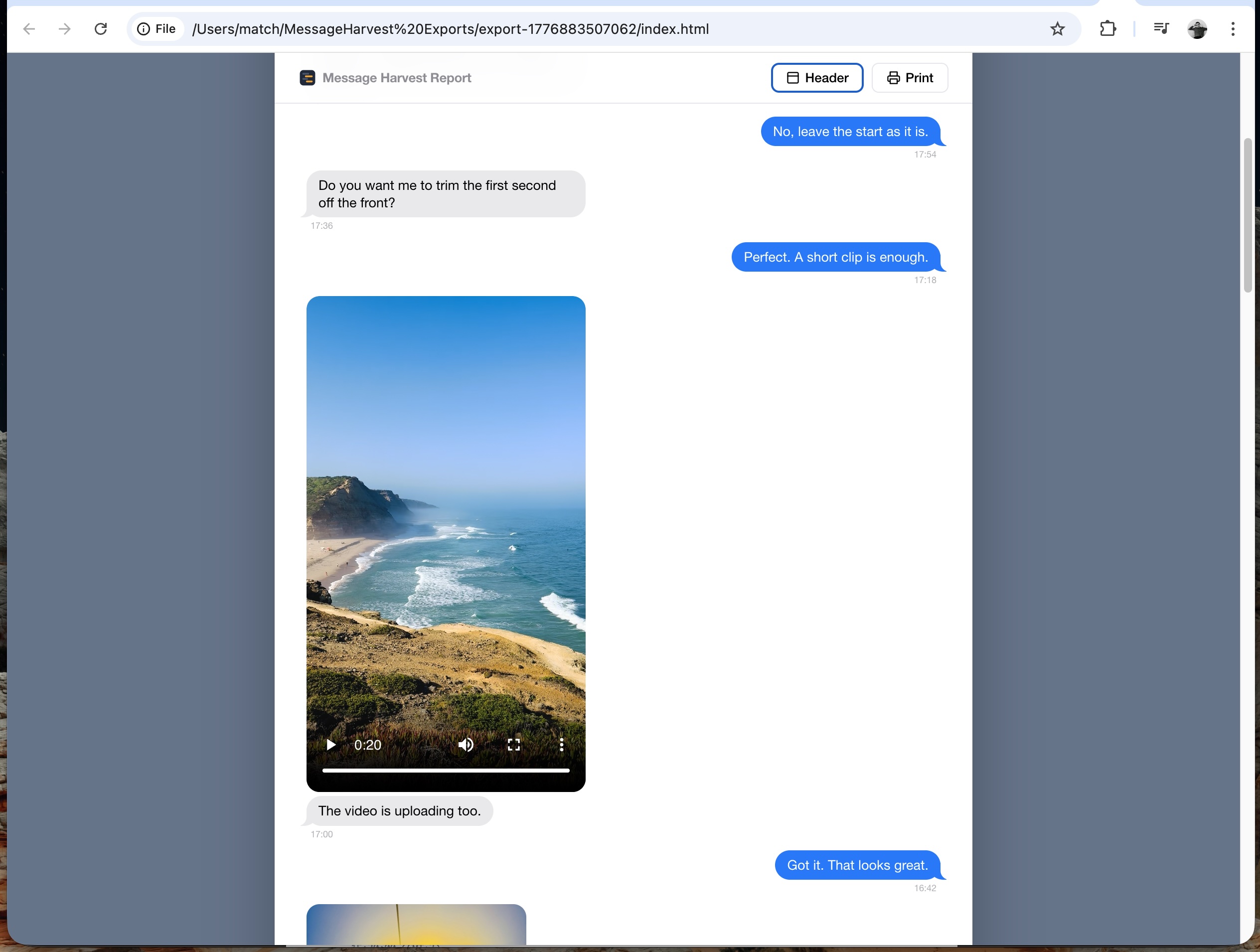 MessageHarvest HTML report with inline media and readable conversation layout