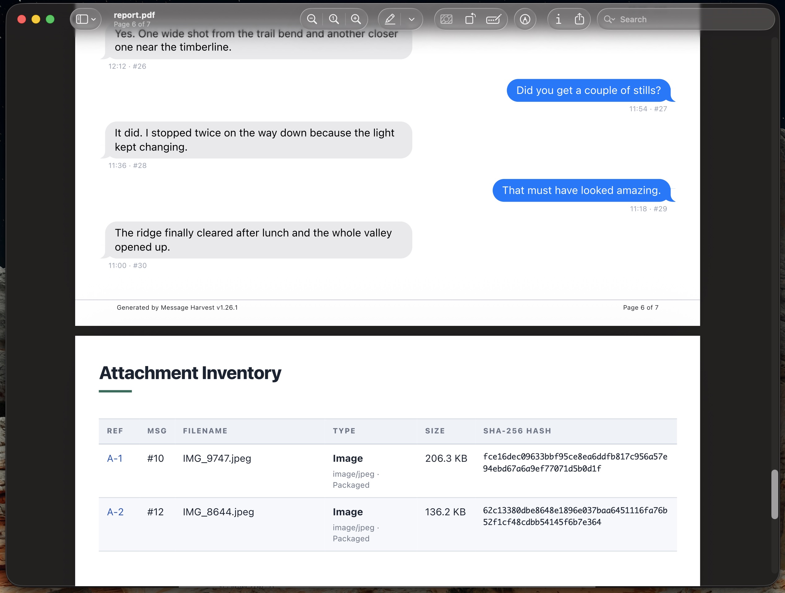 MessageHarvest technical appendix with attachment inventory and SHA-256 verification details