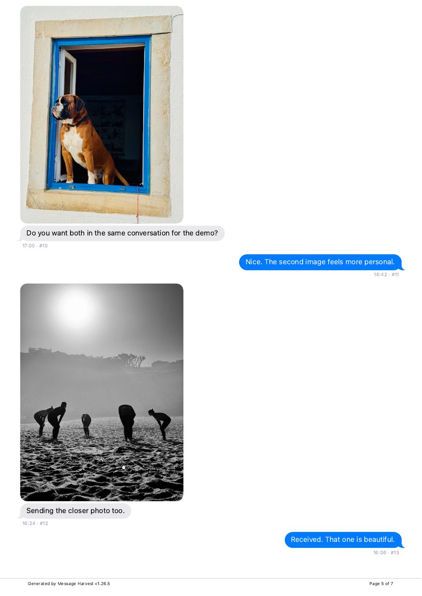 Page 5 of the sample PDF, with messages, timestamps and two photos