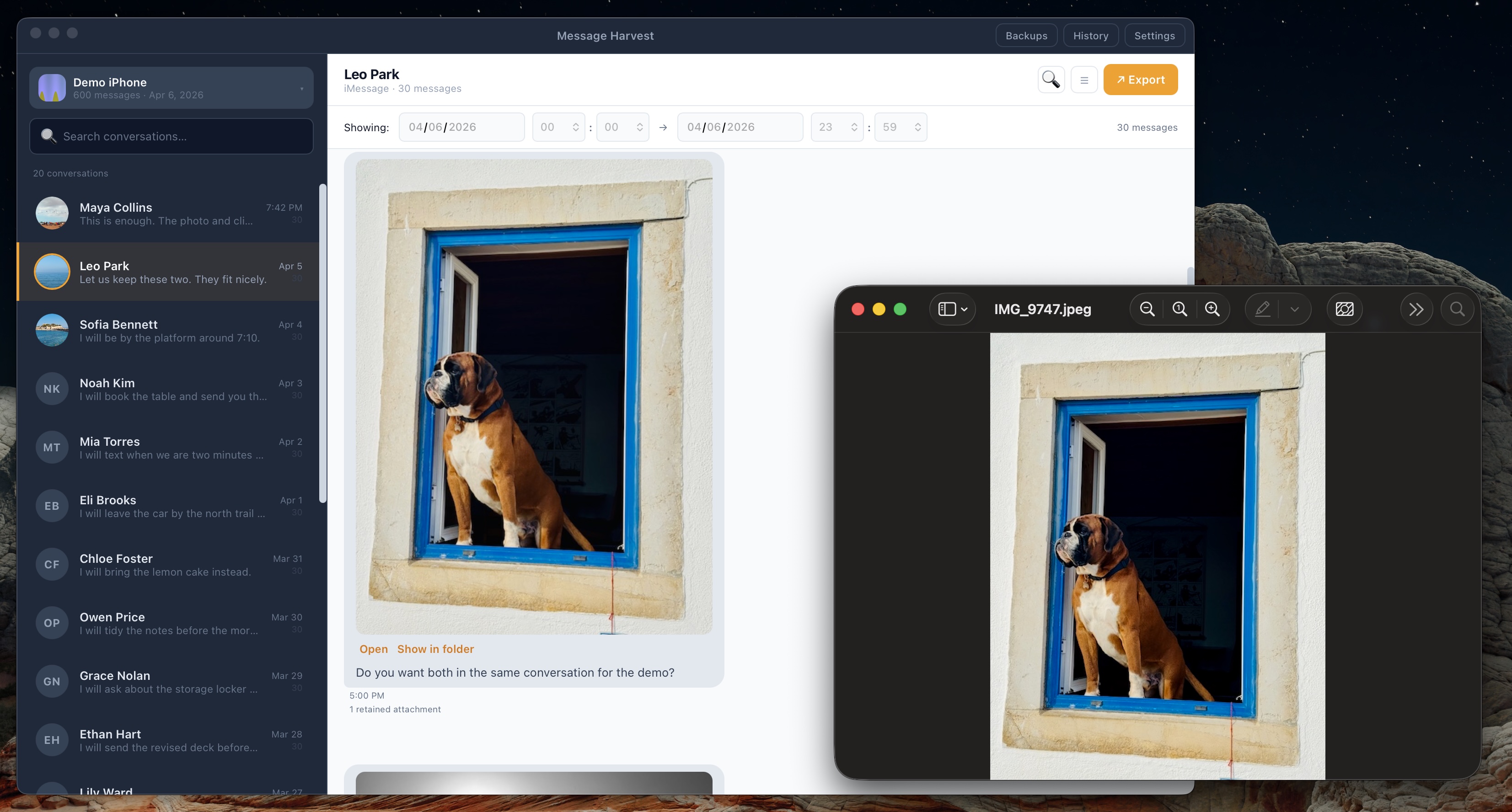 MessageHarvest conversation browser with contact list, message preview, and inline photo viewer